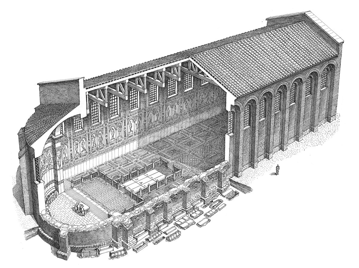 Disegno ricostruttivo della basilica paleocristiana di San Giovanni in Conca e della necropoli circostante.