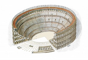 Ipotesi ricostruttiva dell'alzato dell'anfiteatro romano di Milano.