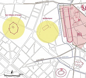 Area del suburbio occidentale di Mediolanum con l'indicazione della necropoli ad martyres e del recinto di San Vittore al corpo.