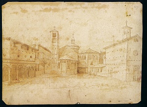 La chiesa di San Vittore al Corpo e l'attiguo mausoleo imperiale nel disegno dell'Anonimus Fabriczy. Staatsgalerie, Stoccarda.