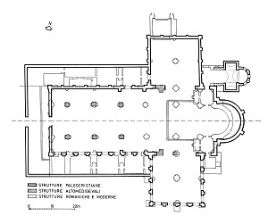 Planimetria della basilica con l'indicazione delle varie fasi edilizie.
